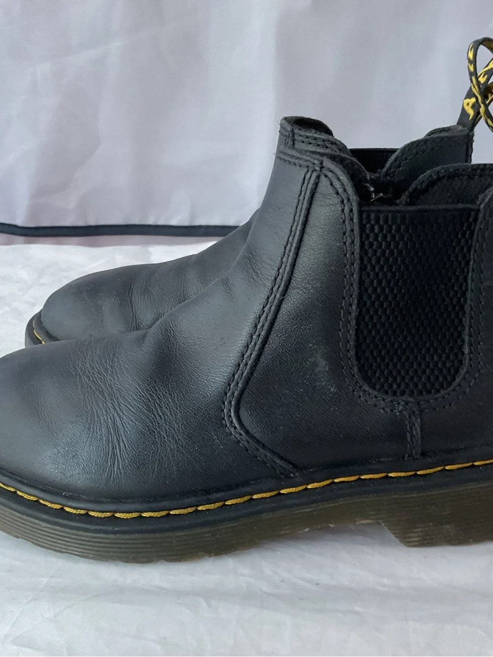 Dr. Martens Black Leather Kids Chelsea Boots with Yellow Stitching
